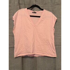 ZARA Pink V Neck Cap Sleeve Casual T Shirt Top Womens Size Large
